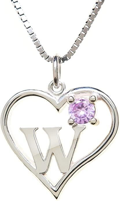 Silver Sterling Necklace Initial Letter A-Z Birthstone for Women – Personalized Custom Jewelry Pendant with Heart Design Customized Dainty Charm for Wife Girlfriend Mom – 18" Box Chain