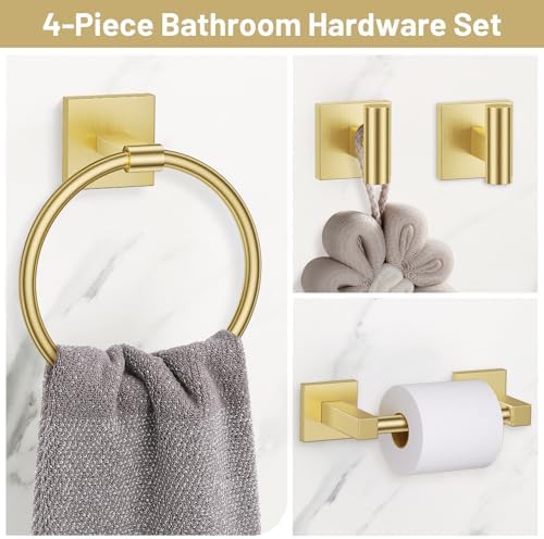 Brushed Gold Bathroom Accessories, Toilet Paper Holder, Towel Ring & Hooks - Image 2