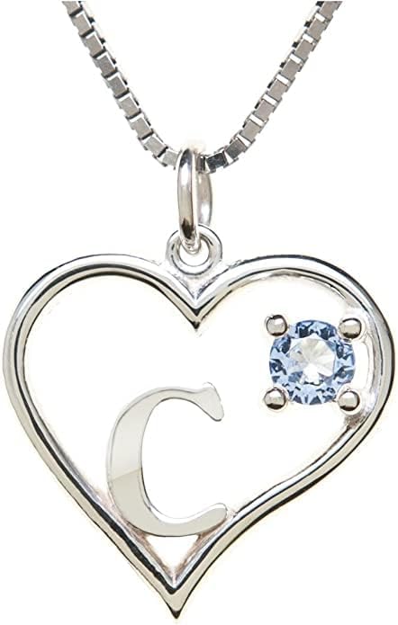 Silver Sterling Necklace Initial Letter A-Z Birthstone for Women – Personalized Custom Jewelry Pendant with Heart Design Customized Dainty Charm for Wife Girlfriend Mom – 18" Box Chain
