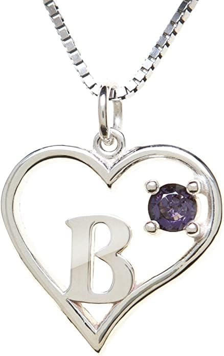 Silver Sterling Necklace Initial Letter A-Z Birthstone for Women – Personalized Custom Jewelry Pendant with Heart Design Customized Dainty Charm for Wife Girlfriend Mom – 18" Box Chain