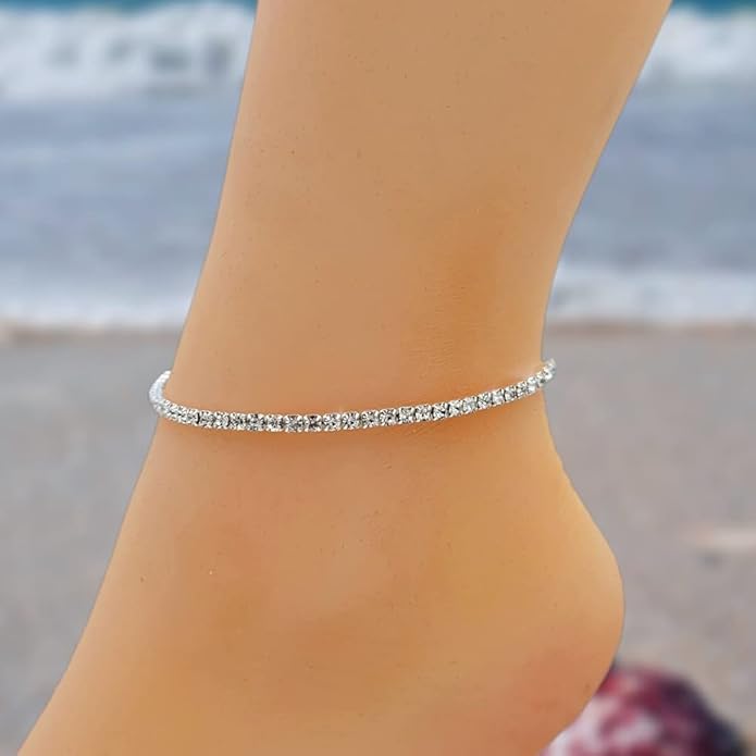 BESHEEK Sparkly Glass Rhinestone Square Artisan Beaded Stretch Anklet | Handmade Hypoallergenic Beach Gala Wedding Style Jewelry