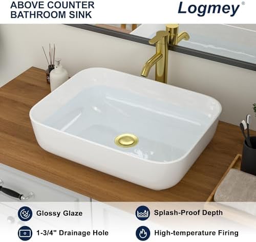 Logmey 19 Inch Bathroom Sink 19x15 Bathrooom Sinks White Vessel Sink Porcelain - Image 3