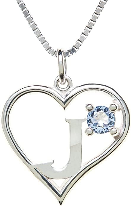 Silver Sterling Necklace Initial Letter A-Z Birthstone for Women – Personalized Custom Jewelry Pendant with Heart Design Customized Dainty Charm for Wife Girlfriend Mom – 18" Box Chain