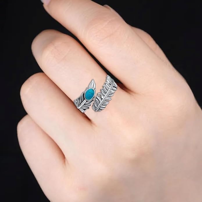 Natural Turquoise Angel Wings Ring S925 Sterling Silver Adjustable Jewelry Wrap Open Thumb Rings for Women Her