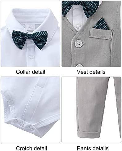 DISAUR Baby Boy Clothes Toddler Boy Outfits 4PCS Gentleman Dress Romper/Vest/Pants/Bow Tie Cotton Suit Sets