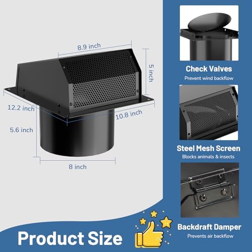 8 Inch Dryer Vent Cover Outside, Galvanized Steel Exterior Hooded Wall Vent - Image 2