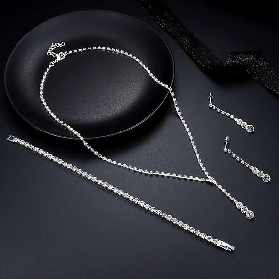 Silver Crystal Bridal Jewelry Set, Teardrop Dangle Earrings Rhinestone Necklace Bracelet for Bride Bridesmaid Crystal Bridal Wedding Party Jewelry Sets