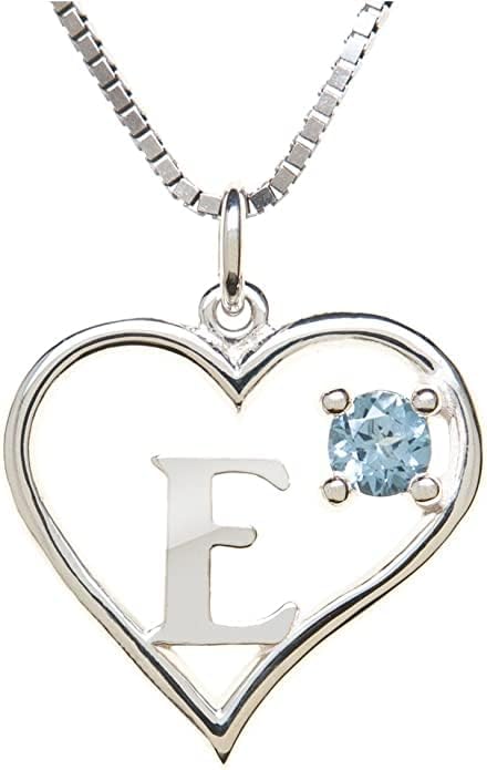 Silver Sterling Necklace Initial Letter A-Z Birthstone for Women – Personalized Custom Jewelry Pendant with Heart Design Customized Dainty Charm for Wife Girlfriend Mom – 18" Box Chain