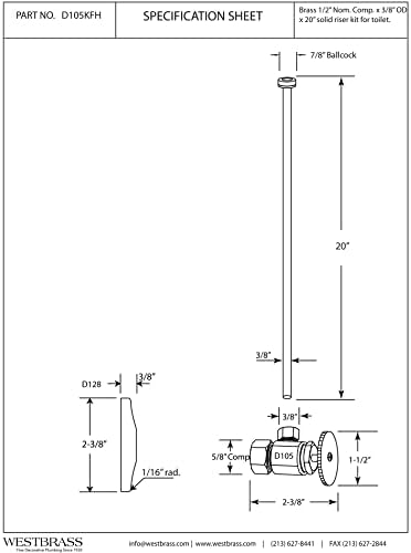 Westbrass D105KFH-62 5/8" x 3/8" OD x 20" Flat Head Riser Supply Line Kit - Image 2