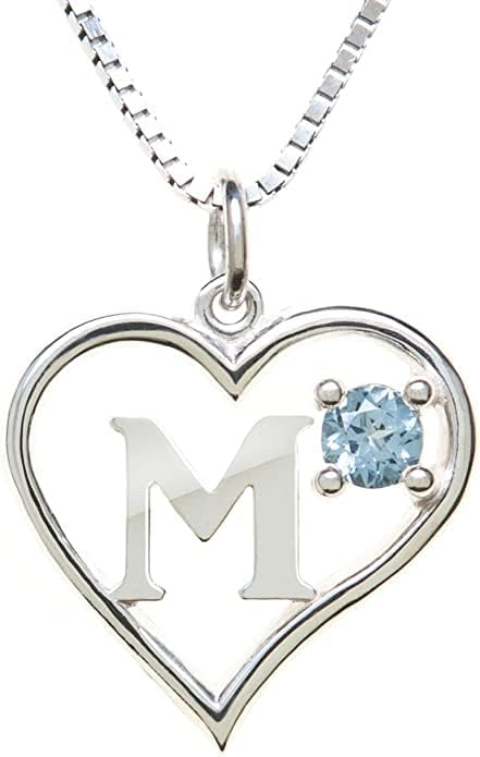 Silver Sterling Necklace Initial Letter A-Z Birthstone for Women – Personalized Custom Jewelry Pendant with Heart Design Customized Dainty Charm for Wife Girlfriend Mom – 18" Box Chain