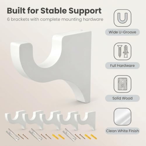 6 Pack White Curtain Hooks for Wall, Wooden Shower Rod Holder - Image 3