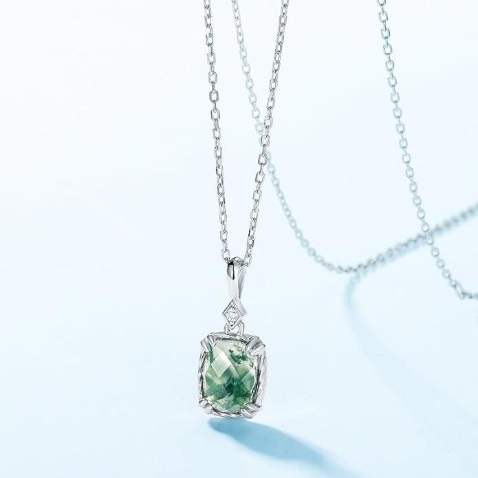 14K Gold Geometric Teardrop Moss Agate Pendant, Vintage Style Collarbone Necklace, Artisan-Crafted Fine Jewelry for Everyday Wear