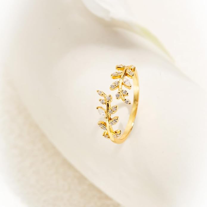 Adjustable S925 Sterling Silver Ring for Women,Branch Leaves Band Stacking Finger Ring,Paved Cubic Zirconia Stone Stackable Open Ring