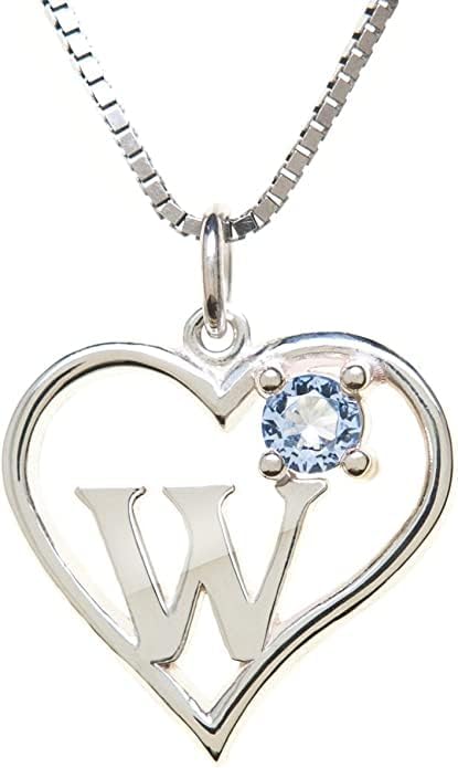 Silver Sterling Necklace Initial Letter A-Z Birthstone for Women – Personalized Custom Jewelry Pendant with Heart Design Customized Dainty Charm for Wife Girlfriend Mom – 18" Box Chain
