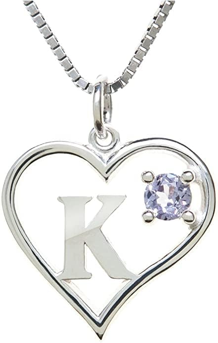 Silver Sterling Necklace Initial Letter A-Z Birthstone for Women – Personalized Custom Jewelry Pendant with Heart Design Customized Dainty Charm for Wife Girlfriend Mom – 18" Box Chain