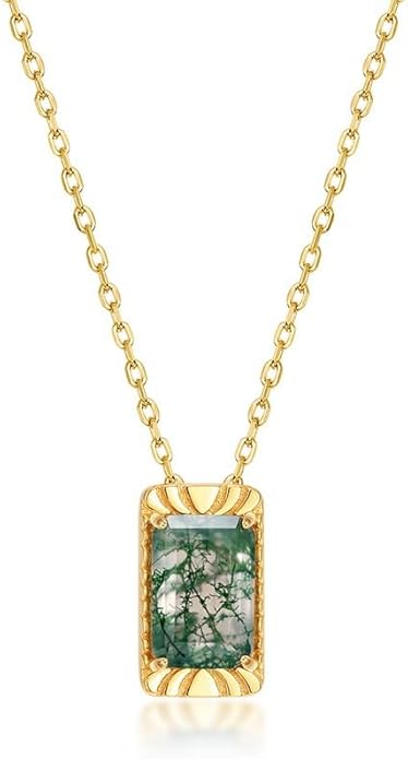 14K Gold Geometric Teardrop Moss Agate Pendant, Vintage Style Collarbone Necklace, Artisan-Crafted Fine Jewelry for Everyday Wear