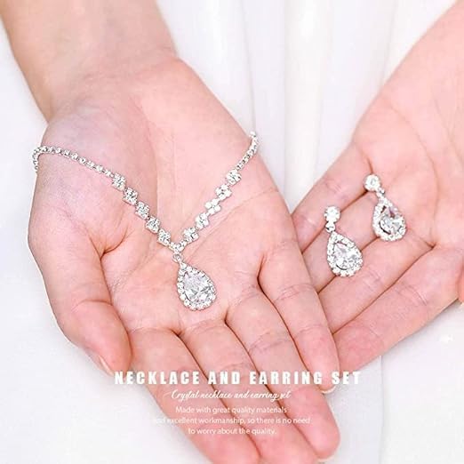 Silver Crystal Bridal Jewelry Set, Teardrop Dangle Earrings Rhinestone Necklace Bracelet for Bride Bridesmaid Crystal Bridal Wedding Party Jewelry Sets