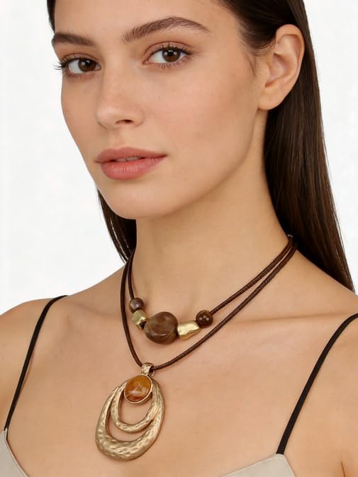 Boho Necklaces for Women Chunky Circle Necklace Layered Boho Circle Leather Choker Necklace Long Vintage Necklaces Bohemian Jewlery Gifts