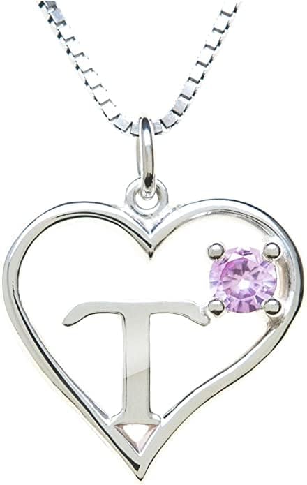 Silver Sterling Necklace Initial Letter A-Z Birthstone for Women – Personalized Custom Jewelry Pendant with Heart Design Customized Dainty Charm for Wife Girlfriend Mom – 18" Box Chain