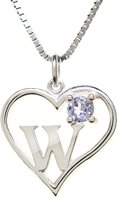 Silver Sterling Necklace Initial Letter A-Z Birthstone for Women – Personalized Custom Jewelry Pendant with Heart Design Customized Dainty Charm for Wife Girlfriend Mom – 18" Box Chain