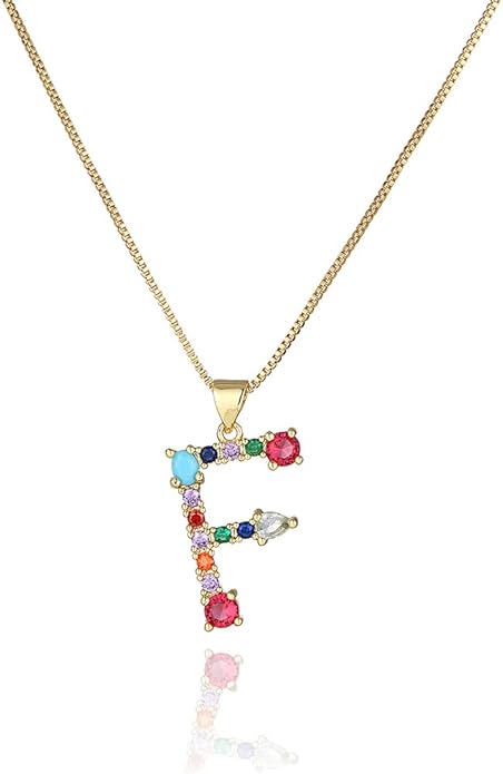 Eben-Ezer 18K Gold Box Chain Choker Initial Necklace Multi-Color Zircon Letter Pendant Script Name Custom Necklace for Women Gift Alphabet 26 A-Z