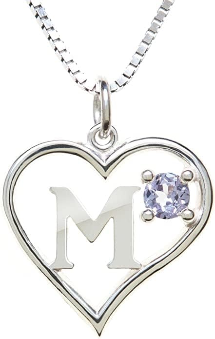 Silver Sterling Necklace Initial Letter A-Z Birthstone for Women – Personalized Custom Jewelry Pendant with Heart Design Customized Dainty Charm for Wife Girlfriend Mom – 18" Box Chain