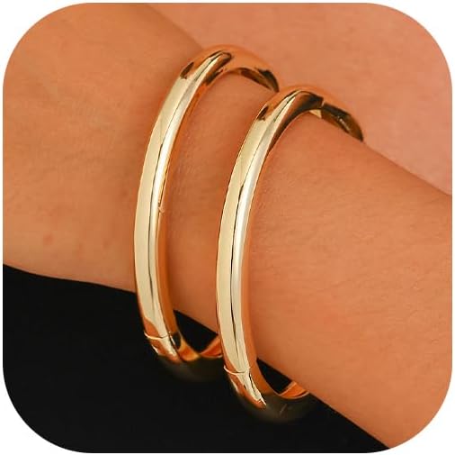 2pcs Gold Bangle Bracelets for Women, Trendy Hinged Cuff Open Wide Chunky Gold Bracelet Stack Arm Cuff Jewelry for Women