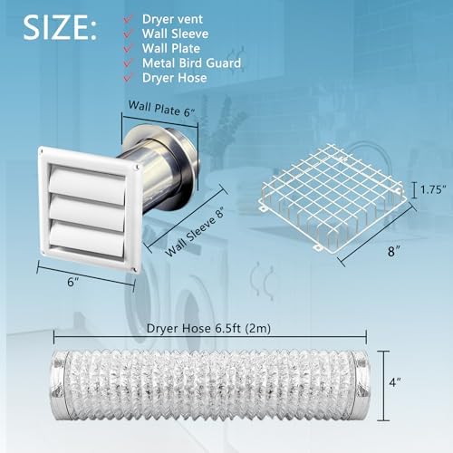 Dryer Vent Kit 4 Inch with Metal Bird Guard, Wall Sleeve & Wall Plate, Hose - Image 2