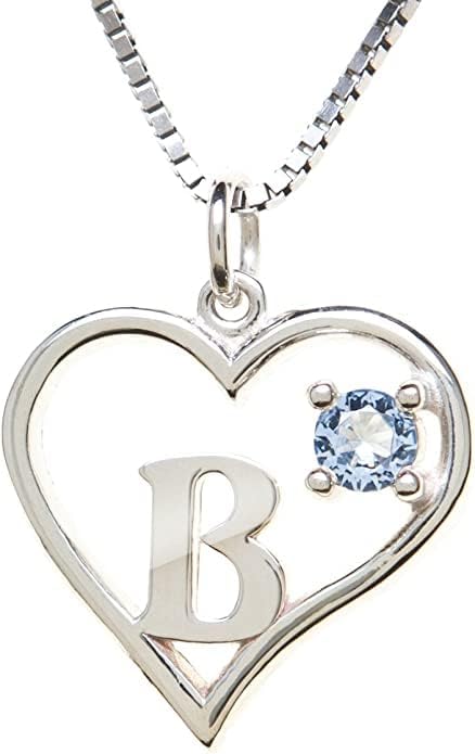 Silver Sterling Necklace Initial Letter A-Z Birthstone for Women – Personalized Custom Jewelry Pendant with Heart Design Customized Dainty Charm for Wife Girlfriend Mom – 18" Box Chain
