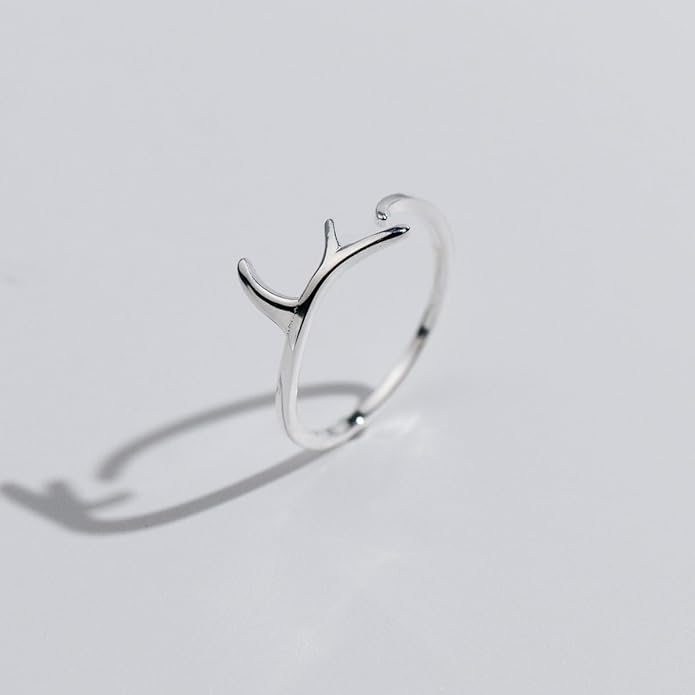 Amkaka Adjustable Rings for Women S925 Sterling Silver Christmas Antlers Open Ring Minimalist Hypoallergenic Ring Gift