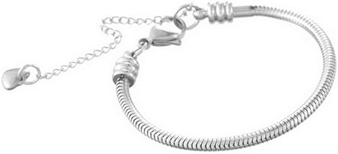 TGLS Women European Charm Bracelet Stainless Steel 3mm Snake Chain Bracelet Fits Standard Charms Bead 9"+2.35" Chain