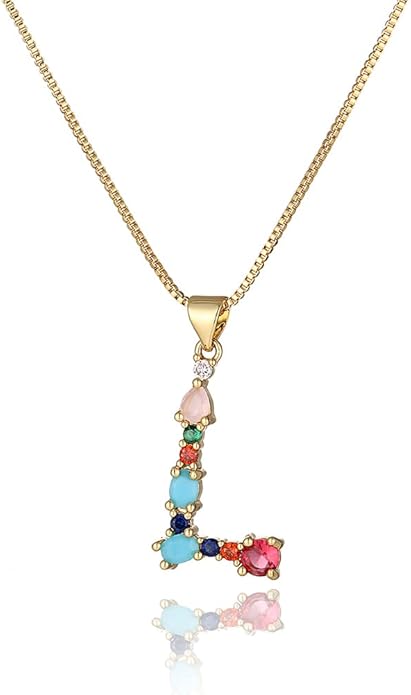 Eben-Ezer 18K Gold Box Chain Choker Initial Necklace Multi-Color Zircon Letter Pendant Script Name Custom Necklace for Women Gift Alphabet 26 A-Z