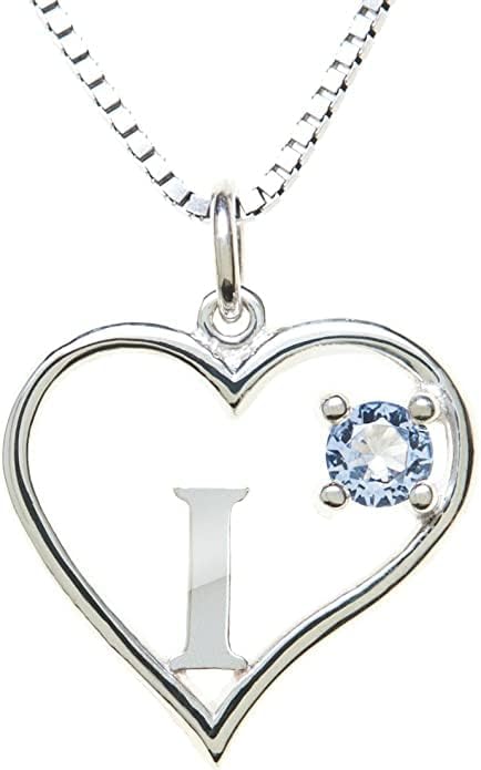 Silver Sterling Necklace Initial Letter A-Z Birthstone for Women – Personalized Custom Jewelry Pendant with Heart Design Customized Dainty Charm for Wife Girlfriend Mom – 18" Box Chain