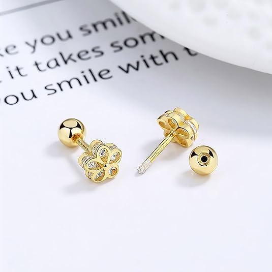 925 Sterling Silver Cubic Zirconia Screw Back Cute Flower Stud Earrings for Women