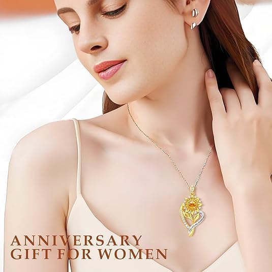 Sunflower Necklaces for Women,18K Gold Plated Heart Pendant Necklace Anniversary Birthday Gifts for Women Wife Gifts for Her You Are My Sunshine Necklace for Women Her Wedding Christmas