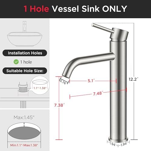 FORIOUS Vessel Tall Bathroom Faucet 1 Hole Brushed Nickel Single Handle - Image 3