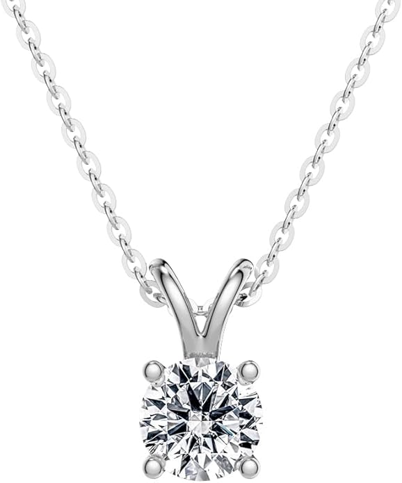 MSBLUE 1ct Round Moissanite Solitaire V-Bale Pendant Necklace, Sterling Silver with 14K White Gold Vermeil, Rhodium Finish