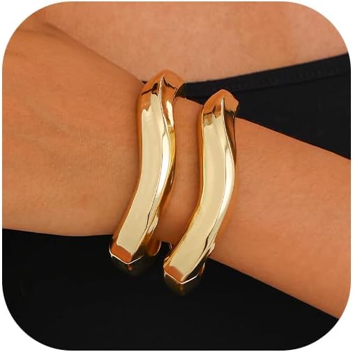 2pcs Gold Bangle Bracelets for Women, Trendy Hinged Cuff Open Wide Chunky Gold Bracelet Stack Arm Cuff Jewelry for Women