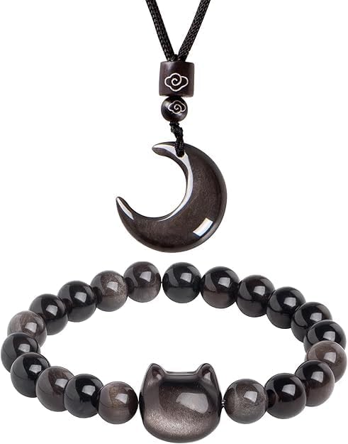 Black Obsidian Cat Bracelet and Moon Pendant Necklace Jewelry Set-Cat Lover Gifts,Wealth Attraction,Good Luck,Bead Bracelet,Mindfulness,Beaded Bracelets, Obsidian Pendant Necklace-Cute Gifts for Women
