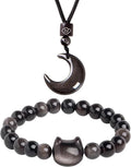 Black Obsidian Cat Bracelet and Moon Pendant Necklace Jewelry Set-Cat Lover Gifts,Wealth Attraction,Good Luck,Bead Bracelet,Mindfulness,Beaded Bracelets, Obsidian Pendant Necklace-Cute Gifts for Women