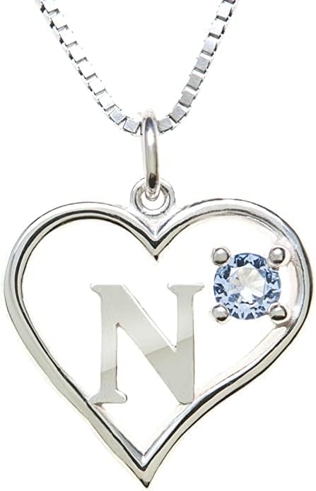 Silver Sterling Necklace Initial Letter A-Z Birthstone for Women – Personalized Custom Jewelry Pendant with Heart Design Customized Dainty Charm for Wife Girlfriend Mom – 18" Box Chain