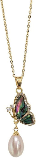 Pearl Pendant Necklaces for Women Gold, Elegant Gold butterfly Necklace for Formal Occasions-Freshwater Cultured Pearl