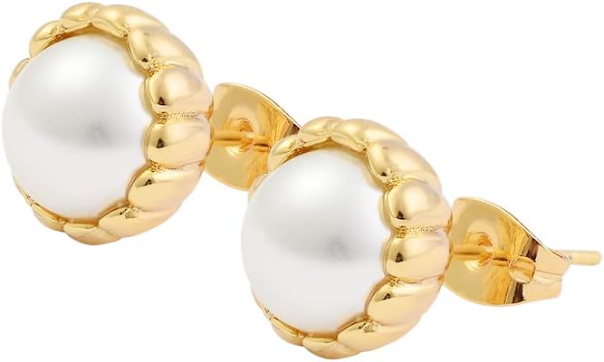 Brass Simulated Pearl Flower Stud Earrings