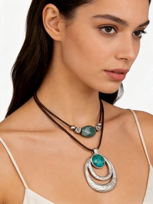 Boho Necklaces for Women Chunky Circle Necklace Layered Boho Circle Leather Choker Necklace Long Vintage Necklaces Bohemian Jewlery Gifts