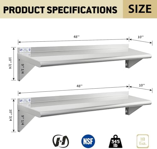 Hally Stainless Steel Shelf 2 Pack Wall Mounted Metal Shelves 10"x48" NSF - Image 3