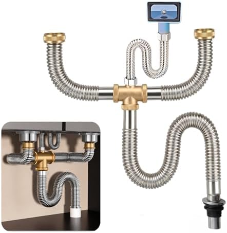 Double Sink Drain Kit, Stainless Steel Corrugated Flexible Drain Hose, by QruiLanTu