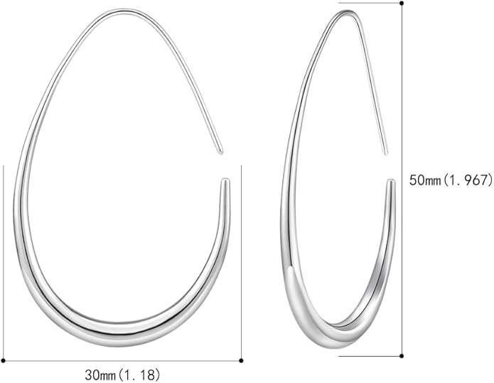Lightweight Teardrop Hoop Earrings for Women - 14k Gold/White Gold Plated Large Oval Pull Through Hoop Earrings High Polished Statement Jewelry Gift for Women