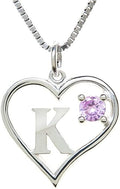 Silver Sterling Necklace Initial Letter A-Z Birthstone for Women – Personalized Custom Jewelry Pendant with Heart Design Customized Dainty Charm for Wife Girlfriend Mom – 18" Box Chain