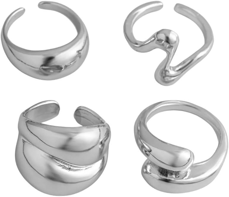 MIFYNN Chunky Gold Rings for Women Gold Silver Adjustable Thick Ring Fashion Statement Ring Open Dome Ring Chunky Silver Rings Geometric Curved Minimalist Simple Rings