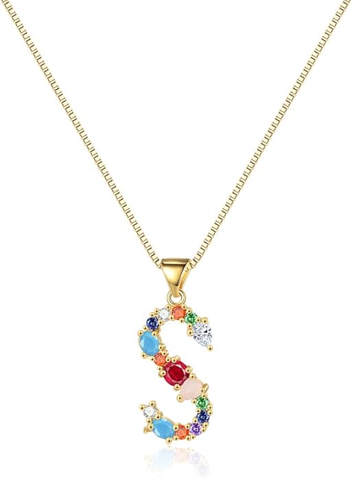 Eben-Ezer 18K Gold Box Chain Choker Initial Necklace Multi-Color Zircon Letter Pendant Script Name Custom Necklace for Women Gift Alphabet 26 A-Z